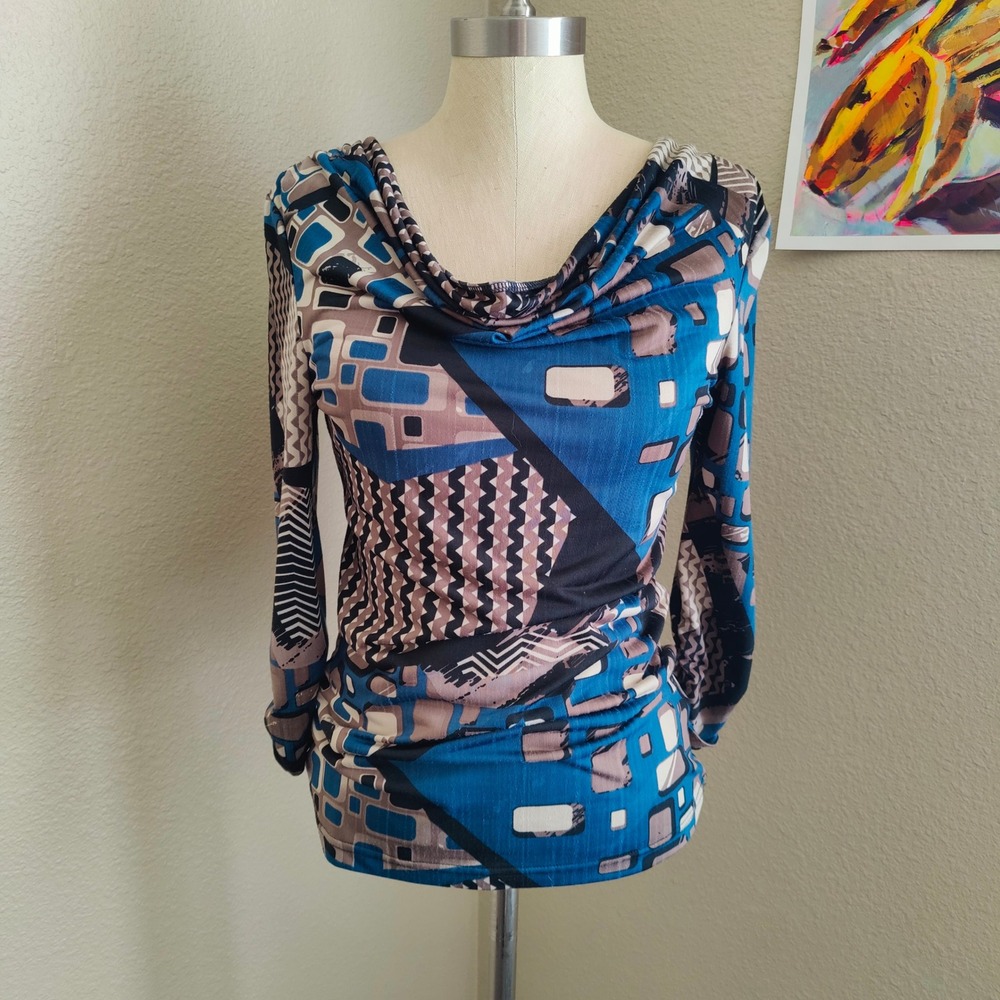 Vintage Y2K‎ Geometric Print Cowl Neck Top Abstract Retro Ruched Sleeve S